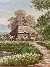 vintage Oil Painting English Countryside Rural Summer Scene Cottage J.Chilton