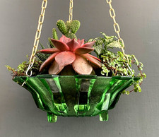 1920s ANTIQUE Green Pressed Glass HANGING Open Terrarium PLANTER Plant Pot