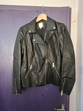 H AND M BLACK FAUX LEATHER BIKER JACKET..SIZE 14..LADIES