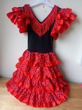 Girls Dress Beautiful Spanish Flamenco Dancer Costume Red Black Polka Dot 6 YRS