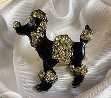 Vintage Diamante and Enamel Black Poodle Dog Brooch Rockabilly Vgc