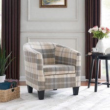 Small Tub Armchair Occasional Accent Lounge Living Room Stylist, Beige Tartan