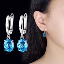 925 Sterling Silver Blue Oval Crystal Huggie Hoop Earrings Women Jewellery Gift