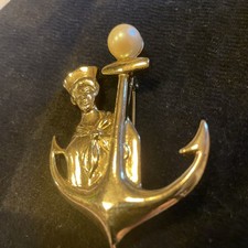 Vintage M. Jent Nautical Pin Gold Tone Anchor Sailor Faux Pearl Brooch Jewelry 