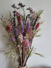 DRIED FLOWER BOUQUET 40CM HANDMADE NATURAL MIXED - NATURAL, RASPBERRY & LILAC
