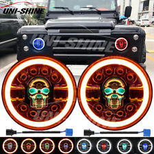 2x 7" inch Round RGB Skull LED Headlight Halo DRL for Land Rover Defender 90 110