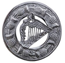Scottish Queen Harp Kilt Fly Plaid Brooch Chrome Finish, Thistle Rolling Pattern