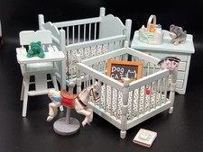 Dolls House 1/12 Scale Nursery Set Blue Cot Baby Toys Playpen  Highchair Drawer