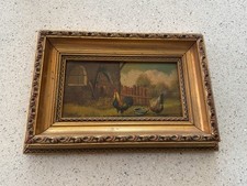 Lovely Vintage Oil On Board Country Scene Farmyard Hens In Gilt Frame