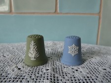 WEDGWOOD Jasper Ware 1981 Christmas Thimbles Blue with Snowflake Green With Tree