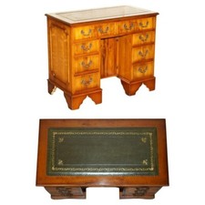 STUNNING SMALL BURR & BURL YEW WOOD WITH GREEN LEATHER TOP TWIN PEDESTAL DESK