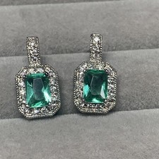 Retro Green Stone Glass Diamante Pretty Studs Dangle Drop Earrings