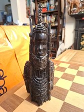 Vintage African Nigerian Benin Ebony Wooden King Oba Hand Carved Sculpture 28cm
