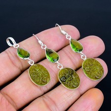 Peridot Carving Gemstone Handmade Antique Style Pendant & Earrings Set 2.17"