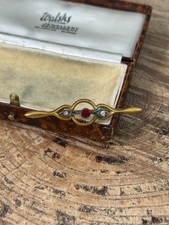 Antique Edwardian Bar Brooch Gold Tone Victorian Pin Red Rhinestone Symmetrical