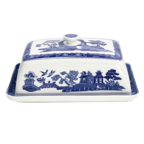 Blue willow butter dish with - blue,
