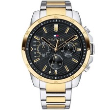 TOMMY HILFIGER MENS WATCH TWO TONE BRACELET & BLACK DIAL TH1791559 GENUINE NEW