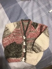 Hand Knitted Girls Baby Cardigan 0-3 Months Pink Grey And White