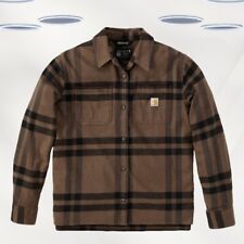Ex Carhartt Women's Long-Sleeve Loose Fit Flannel Plaid Work Wear Shirt in Brown