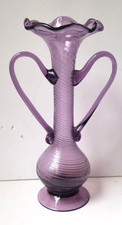 Vintage Lilac Art Glass Vase 30cm Hand Blown Spiral Twist Frilled Rim Pontil