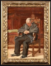 c. 1900 FRENCH OIL ON CANVAS - MAN SEATED SLEEPING IN A CHAIR - UNUSUAL