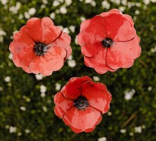 x3 Metal Poppies Garden Ornament Sculpture Art - Handmade Recycled Metal Poppy