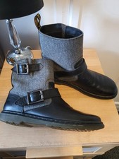 Dr Martins Gayle Grey Tweed & Black Leather Moto Biker Style Buckle Boots Size 6