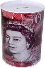 Money Box Tin £50  Pound Note Design Kids Saving Cash Piggy Bank Box Note