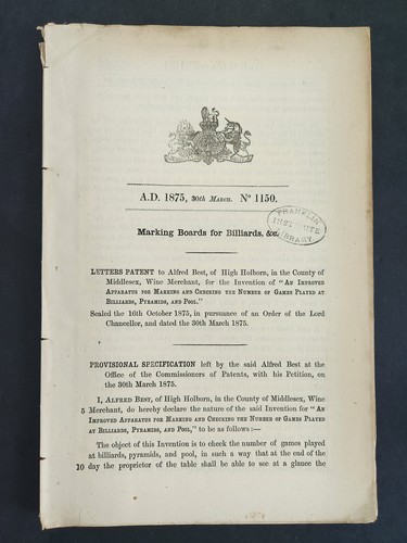 1875 antique patent billiards - patent,