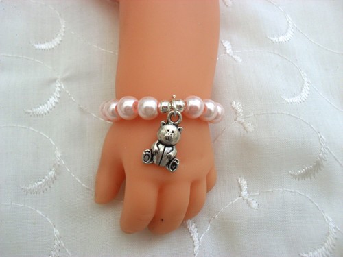 Dolls pink teddy bear - pink, bracelet