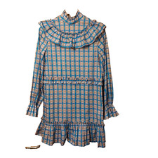 Ganni Dress  Size UK 8 Pink Blue Cotton Seersucker Check Ruffle Mini Preppy 