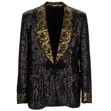 DOLCE & GABBANA Baroque Rose Sequined Tuxedo Blazer Jacket Black Gold 13585