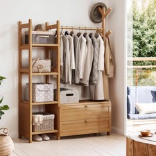 Wooden Clothes Rail with Drawers Bamboo Coat Hat Racks Garment Organizer Stand