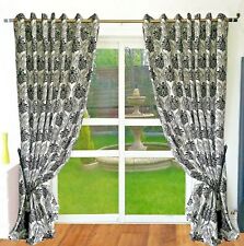 Flocked Damask Eyelet Curtains 90x90 Black White Ring Top Lined Pair