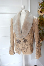STUNNING KALIKO FLORAL EMBROIDERED FAUX FUR COLLAR SILK MIX VELVET JACKET Sz 16