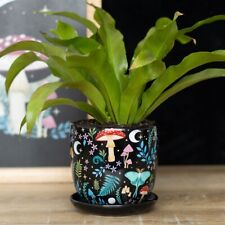 Dark Forest Small Planter & Saucer Woodland Design Ceramic & Dolomite Plant Pot