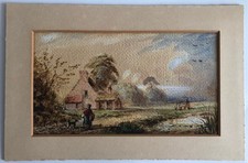 Antique 1864 Watercolour – Cottage Scene with Figures & Dog – Signed