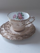 Paragon Cabbage Rose Trio Teaup Saucer Plate Double Warrant Gilded Peach