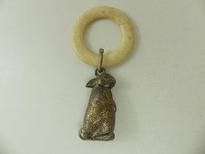 (RefJOH39) Antique vintage silver plated baby's rattle teether with rabbit