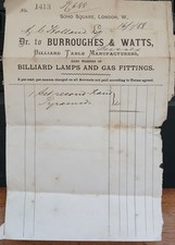 Invoice: Burroughes & Watts. Billiard Tables &c. Soho Square London 1888