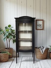 Antique Victorian Bow Fronted Black Painted Glazed Display China Cabinet