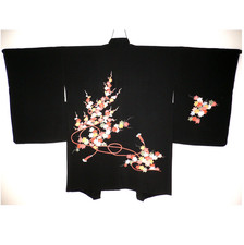 NEW UNUSED BLACK SILK JAPANESE HAORI KIMONO JACKET, HAND PAINTED BLOSSOM & MAPLE