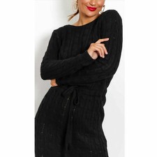 Women's Cable Knitted Jumper Ladies Long Sleeve Tie up Maxi Midi Dress.