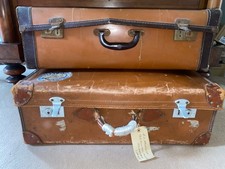 PAIR of VINTAGE Suitcases Luggage Labels Shop Window Prop Display Brown Leather