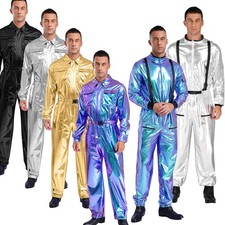 Adult Mens Shiny Astronaut Space Suit Costume Halloween Space Man Jumpsuit 