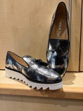 PR OF LUCY CHOI BLACK/SILVER   SPECKLED LEATHER BROGUE WHITE PLATFORM SHOES S 37