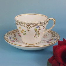 Antique English Bone China Cup & Saucer Blue Bows Floral Swags