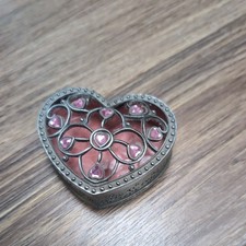 Heart Shaped Gem Stone Jewellery Box Metal Rare Trinket Treasure Chest -Vintage