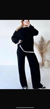 Ladies Knitted 2pcs Wide Leg Suit Black