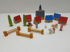 Vintage Wooden Toy Village Set Foreign Made Mid Century Farm Houses Animals